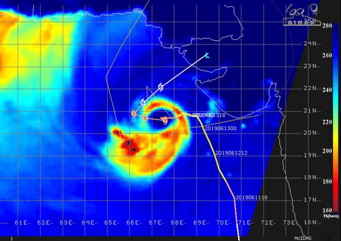 Cyclone VAYU(02A) category 1 US is forecast to weaken rapidly after 24hours due to vertical shear Cyclone VAYU(02A) category 1 US is forecast to weaken rapidly after 24hours due to vertical shear
