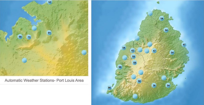 rafales les plus fortes de ces dernières 24heures dans les stations de MMS. 86km/h au Morne, 73km/h à Signal Mountain et 68km/h à Rivière Noire. Données de 16heures). MMS