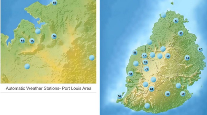rafales les plus fortes de ces dernières 24heures dans les stations de MMS. 95km/h à Signal Mountain , 86km/h au Champ de Mars, 72km/h à Vacoas.