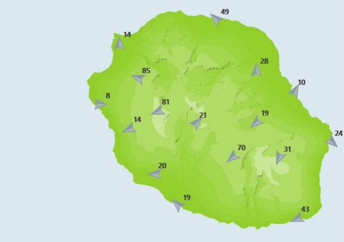 Rafales dans les stations de METEO FRANCE à 15heures.