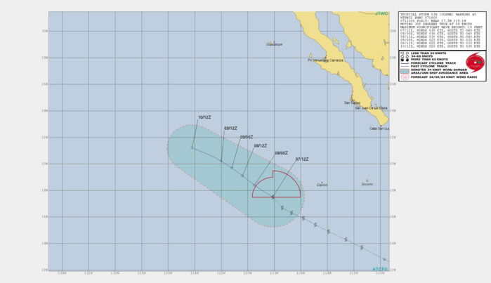 COSME(03E) is a weak and sheared system, intensity is forecast to fall below 35knots within 12hours