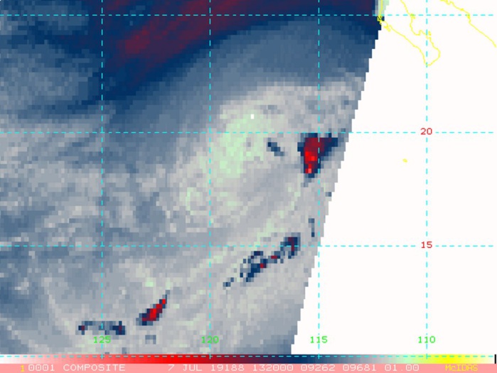 1320UTC: EXPOSED CENTER AND LIMITED SHEARED CONVECTION