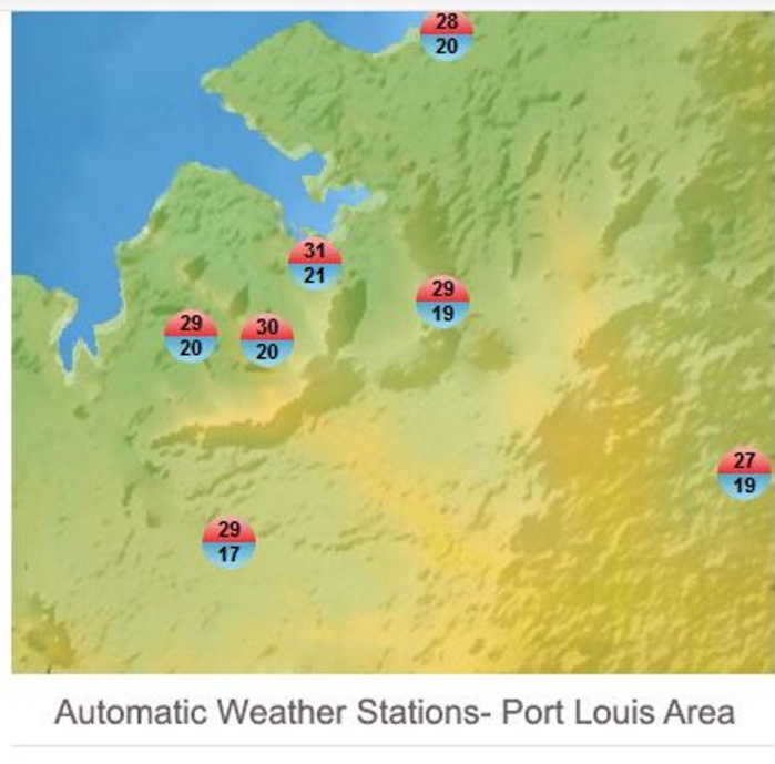 Températures relevées sous abir dans les stations de MMS le Mercredi 10 Juillet 2019. 30.6° à Port Louis et pratiquement 30° à la Montagne des Signaux. MMS