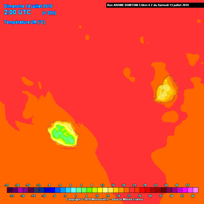 Nuit bien fraîche attendue. Les températures les plus douces probablement vers le Port et la Baie de Saint Paul. Le thermomètre devrait descendre en dessous de 5° au Maïdo, Plaine des Cafres, volcan, Cilaos... AROME.METEO FRANCE