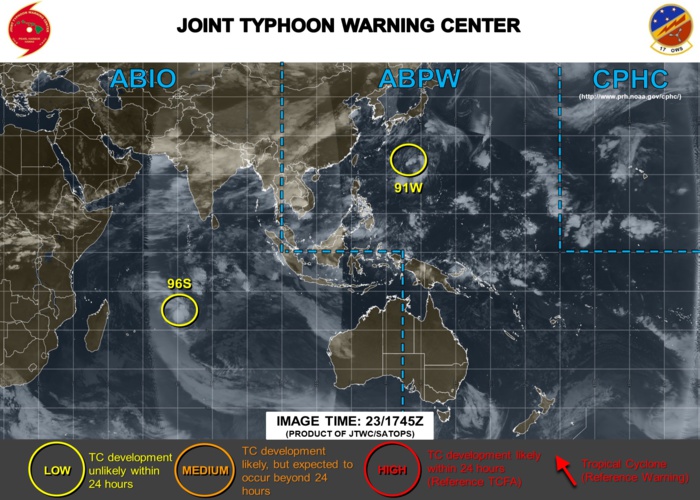 Le système 96S est actuellement classé en "LOW" par le JTWC: les chances de le voir se développer en dépression tropicale étant estimées faibles en fin d'après midi. Le système 96S est actuellement classé en "LOW" par le JTWC: les chances de le voir se développer en dépression tropicale étant estimées faibles en fin d'après midi.