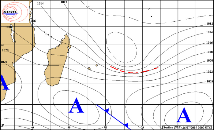 Analyse de la situation de surface ce matin. Les vents restent soutenus sur la région compte tenu de la proximité relative des hautes pressions(A) et des restes de la zone perturbée 01/96S matérialisés par un cercle au Nord-Est de Rodrigues. MTOTEC