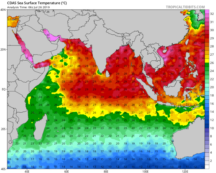 Températures de surface de l'océan lues par les satellites spécialisés. Autour de 23/24° dans notre région. MTOTEC Températures de surface de l'océan lues par les satellites spécialisés. Autour de 23/24° dans notre région. MTOTEC