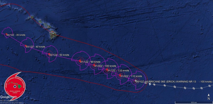 La trajectoire prévue. Un passage à 260km au Sud des îles Hawaii est envisagé dans 3 jours mais à une intensité fortement réduite. JTWC