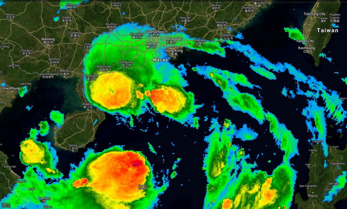 13h Temps Universel: la tempête tropical Wipha(08W) se trouve au Sud-Ouest des villes de Macao et de Hong Kong.