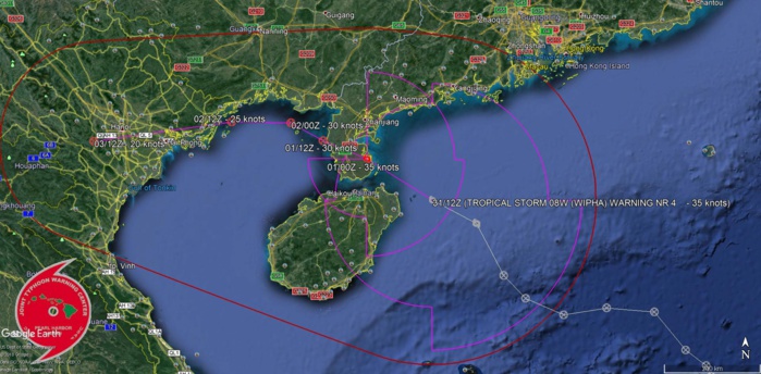 Prévisions de trajectoire et d'intensité pour la tempête émises par le Joint Typhoon Warning Center.