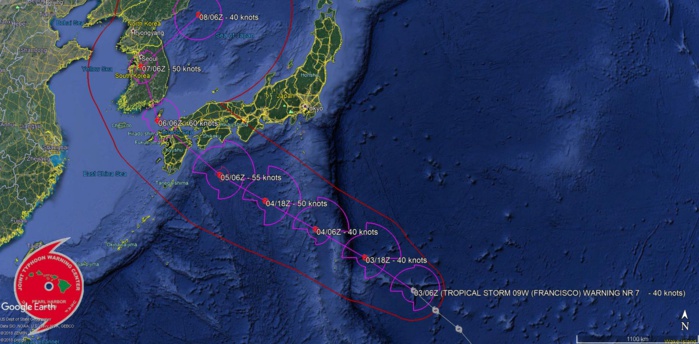 FRANCISCO(09W): WARNING 7. PEAK INTENSITY OF 65/70KNOTS EXPECTED AT LANDFALL OVER KYUSHU IN APPROX 60H.