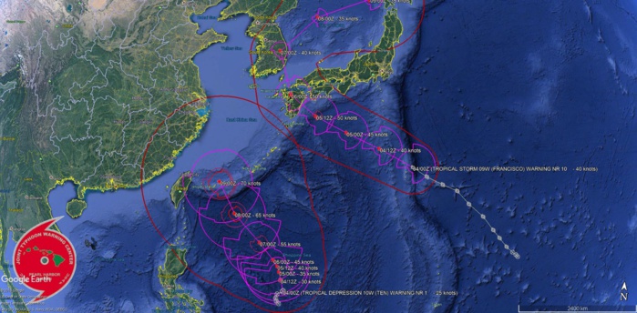 Invest 94W is now intensifying TD 10W. Francisco(09W) slowly approaching Japan