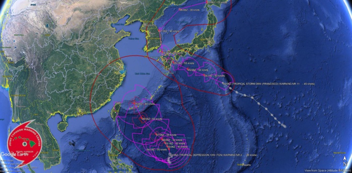 FRANCISCO(09W) still struggling to intensify, heading for Sasebo. 10W: gradually organizing