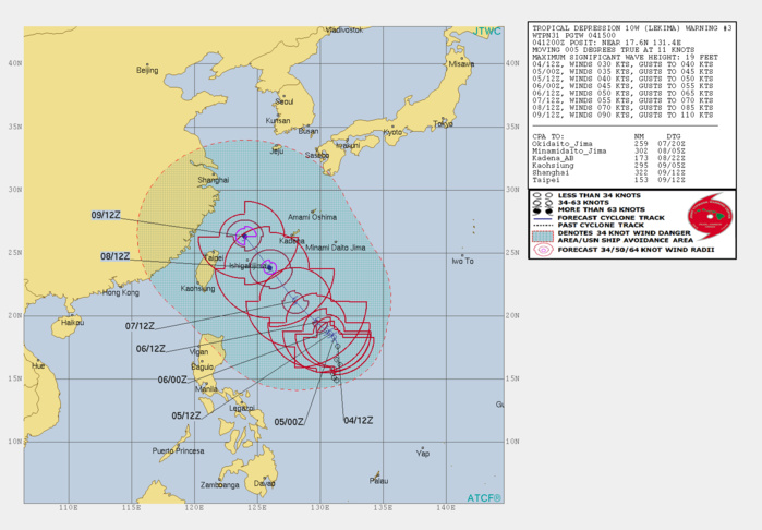 10W: WARNING 3. PEAK INTENSITY OF 90KNOTS FORECAST IN 120H. 10W: WARNING 3. PEAK INTENSITY OF 90KNOTS FORECAST IN 120H.