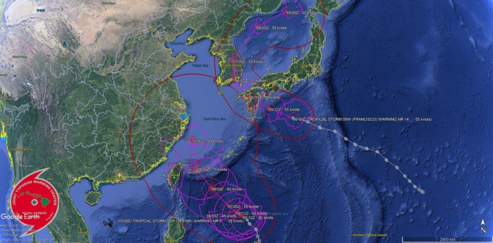 TS Francisco(09W) near Sasebo in 24hours. Lekima(10W) typhoon in 72h. 95W: now on the charts