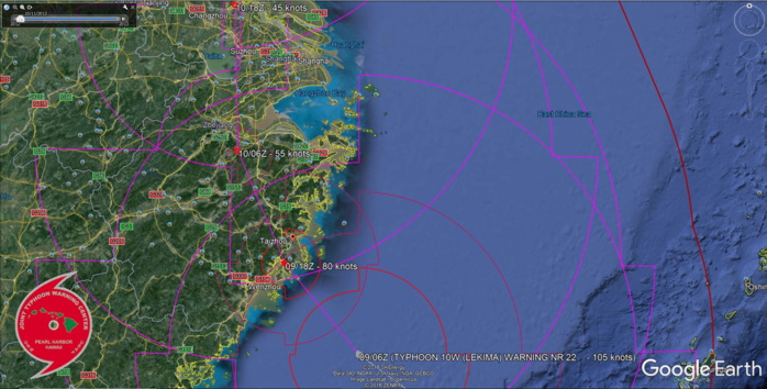 TY LEKIMA(10W) IS FORECAST TO MAKE LANDFALL LESS THAN 50KM SOUTH OF TAIZHOU WITH SUSTAINED WINDS IN EXCESS OF 80KNOTS