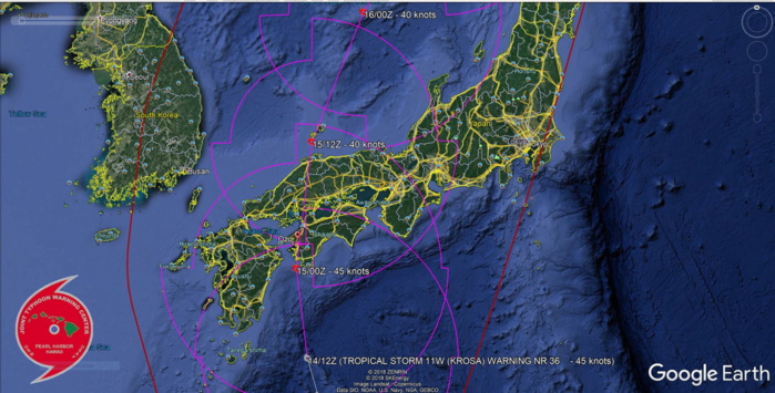 TS Krosa is accelerating northward, expected over cooler Sea of Japan within 24h