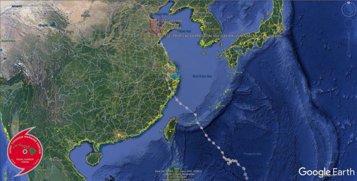 Trajectoire suivie par le Typhoon "LEKIMA(10W)" qui avait atteint son pic d'intensité à l'Est de Taiwan soit le premier stade de Super Typhon(= super cyclone) avec des rafales estimées à 300km/h près de l'oeil en mer. JTWC