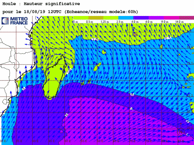 Simulation de la houle de Sud Sud-Ouest touchant les côtes Sud et Sud-Ouest Dimanche. Des vagues de 4m voire même un peu plus sont attendues.