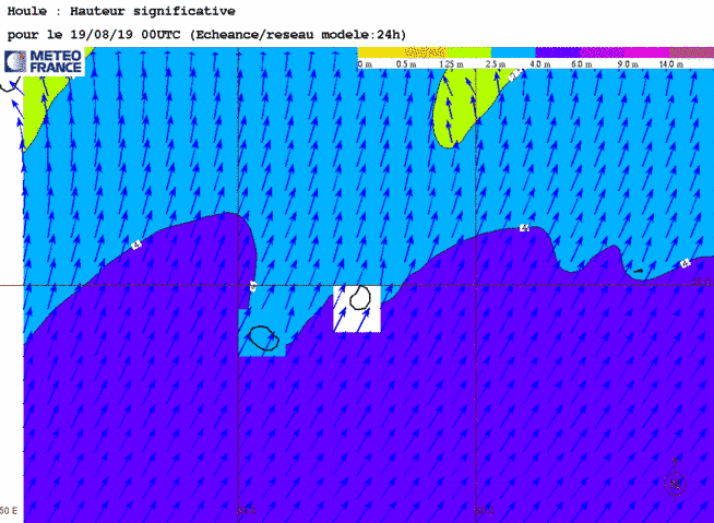 Simulation du modèle. Le houle atteint son pic en seconde partie de nuit. METEO FRANCE