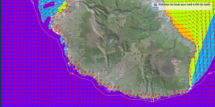 Document METEO FRANCE OCEAN INDIEN. Modèle WW3. "Les secteurs les plus exposés sont ceux où la direction de la houle est perpendiculaire au rivage" précise Météo France.