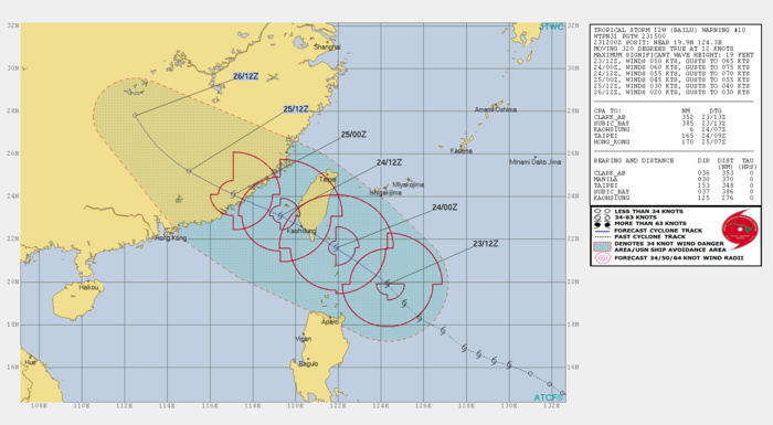 TS Bailu(12W) forecast to track over southern Taiwan shortly after 12h near minimal typhoon intensity TS Bailu(12W) forecast to track over southern Taiwan shortly after 12h near minimal typhoon intensity