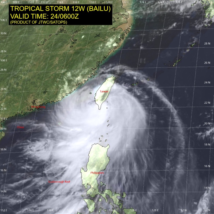 TS Bailu(12W) over southern Taiwan, landfall over China shortly after 12h