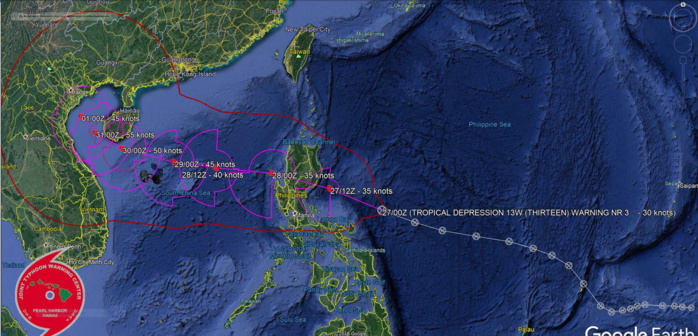 TD 13W: landfall over Eastern Luzon within 12h. Intensification over the South China Sea 