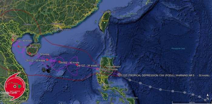 PODUL(13W) over South China Sea within 12h, landfall southern Hainan in72h with 50knots winds