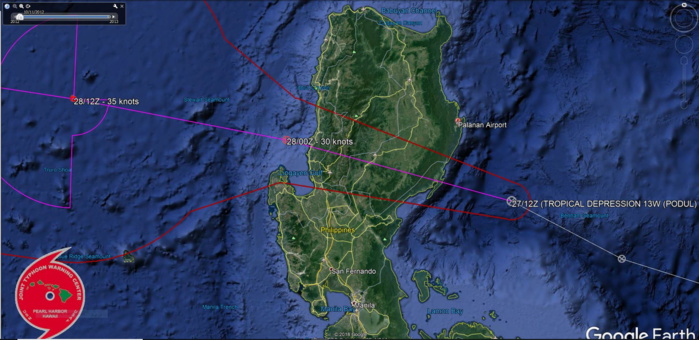 PODUL(13W) over South China Sea within 12h, landfall southern Hainan in72h with 50knots winds