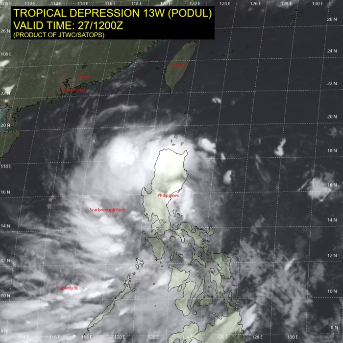 PODUL(13W) over South China Sea within 12h, landfall southern Hainan in72h with 50knots winds