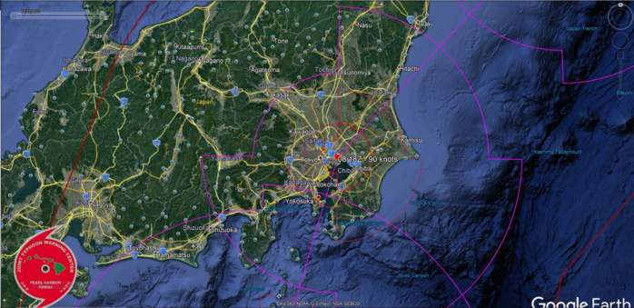 Typhoon Faxai should hit Yokosuka and Tokyo within 12h with top gusts over 200km/h close to center