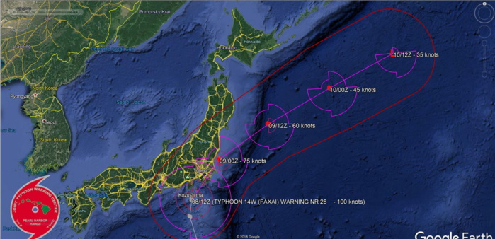 Typhoon Faxai bearing on Tokyo area. Kozushima reports a 224km/h gust
