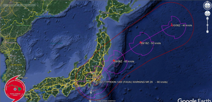 Typhon FAXAI has made landfall over Honshu. Back over open seas within 6h.