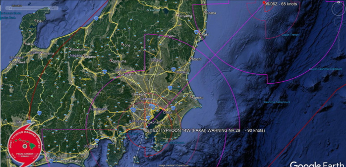 Typhon FAXAI has made landfall over Honshu. Back over open seas within 6h.