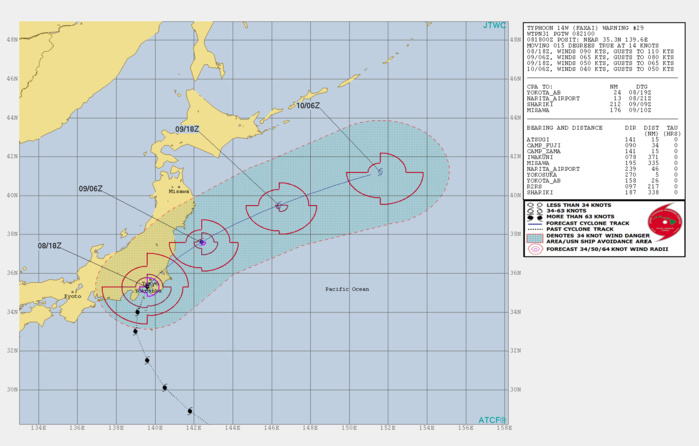 Typhon FAXAI has made landfall over Honshu. Back over open seas within 6h.
