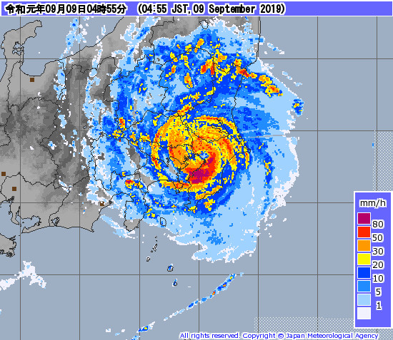 Typhon FAXAI has made landfall over Honshu. Back over open seas within 6h.