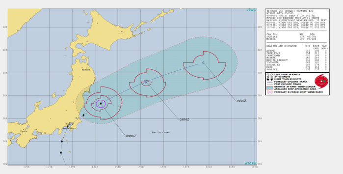 Typhoon Faxai(14W) decaying over the cooler waters of the Pacific Ocean