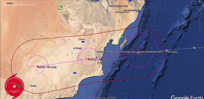 Hikaa(03A) strong category 1 just south of Masirah, landfall over Oman within 12h