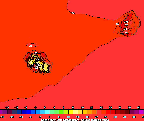 Le temps très doux se maintient avec des maximales sous abri le plus souvent assez nettement supérieures à 27° sur le littoral. Arome. METEO FRANCE