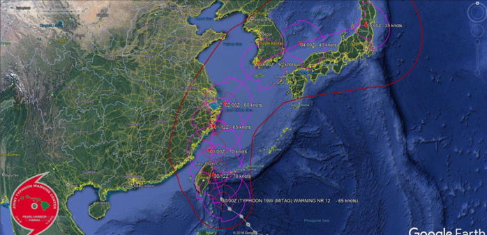 Typhoon Mitag(19W) moving closer to Eastern Taiwan and intensifying a bit