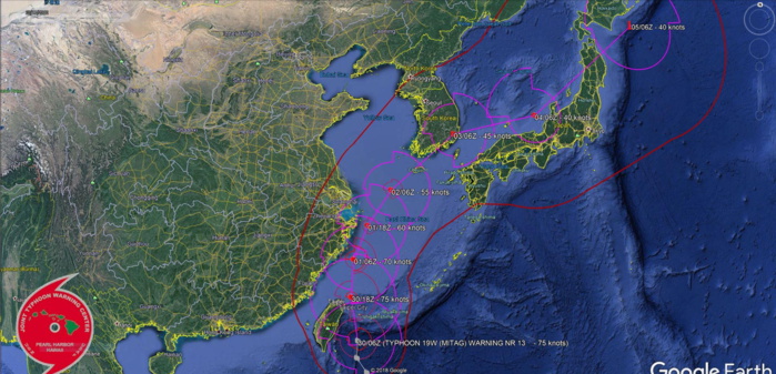 Typhoon Mitag(cat 1) is tracking between Eastern Taiwan and Ishigakijima