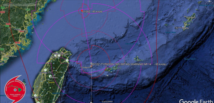 MITAG(19W) HAS JUST PASSED OVER YONAGUNI AS A 85KNOTS TYPHOON. CATEGORY 2 US