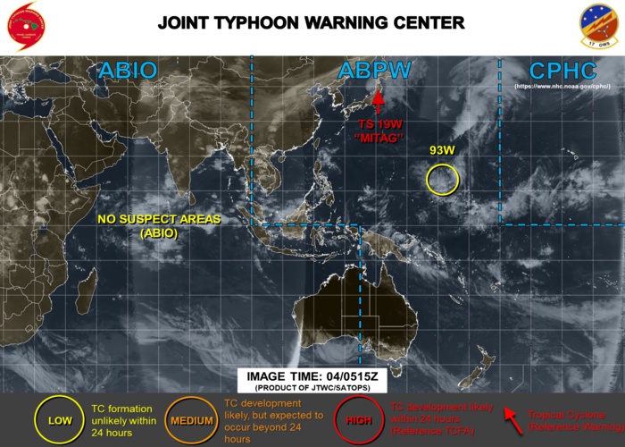 Invest 93W east of Guam: LOW.  Mitag(19W): JMV File. Peak intensity was 90kts(cat 2)