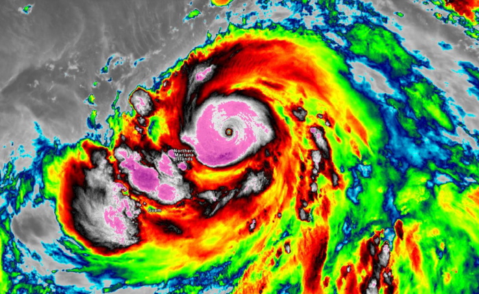 Le Super Typhon Hagibis(20W) capturé par le satellite japonais Himawari. L'oeil est lu à +14° et les sommets qui l'entourent affichent des températures particulièrement froides parfois inférieures à -80°. CIRA
