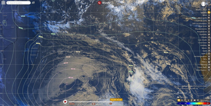 Photo satellite avec l'analyse de surface du modèle européen pour le Sud Indien ce matin. WINDY