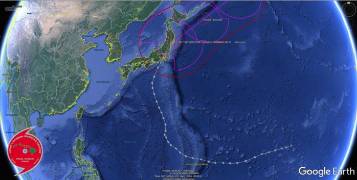 Trajectoire suivie par le cyclone HAGIBIS qui avait atteint le stade de Super Typhon et de Cyclone très Intense du 7 au 10 Octobre loin au sud des îles principales du Japon. JTWC