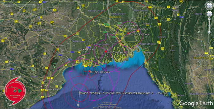 FORECAST TO TRACK APPRX 100KM TO THE EAST OF KOLKATA SHORTLY BEFORE 24H