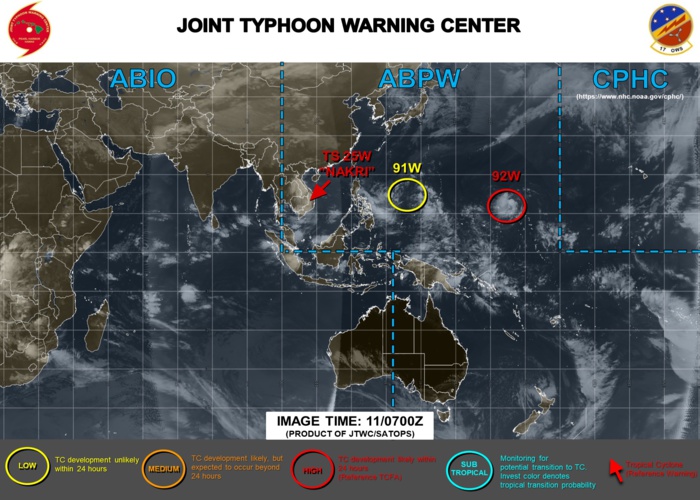 Nakri(25W) now over-land,Peak intensity was 65kts. Invest 92W: Tropical Cyclone Formation Alert