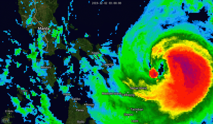 Powerful Typhoon Kammuri(29W), cat 4, tracking almost over Legazpi shortly